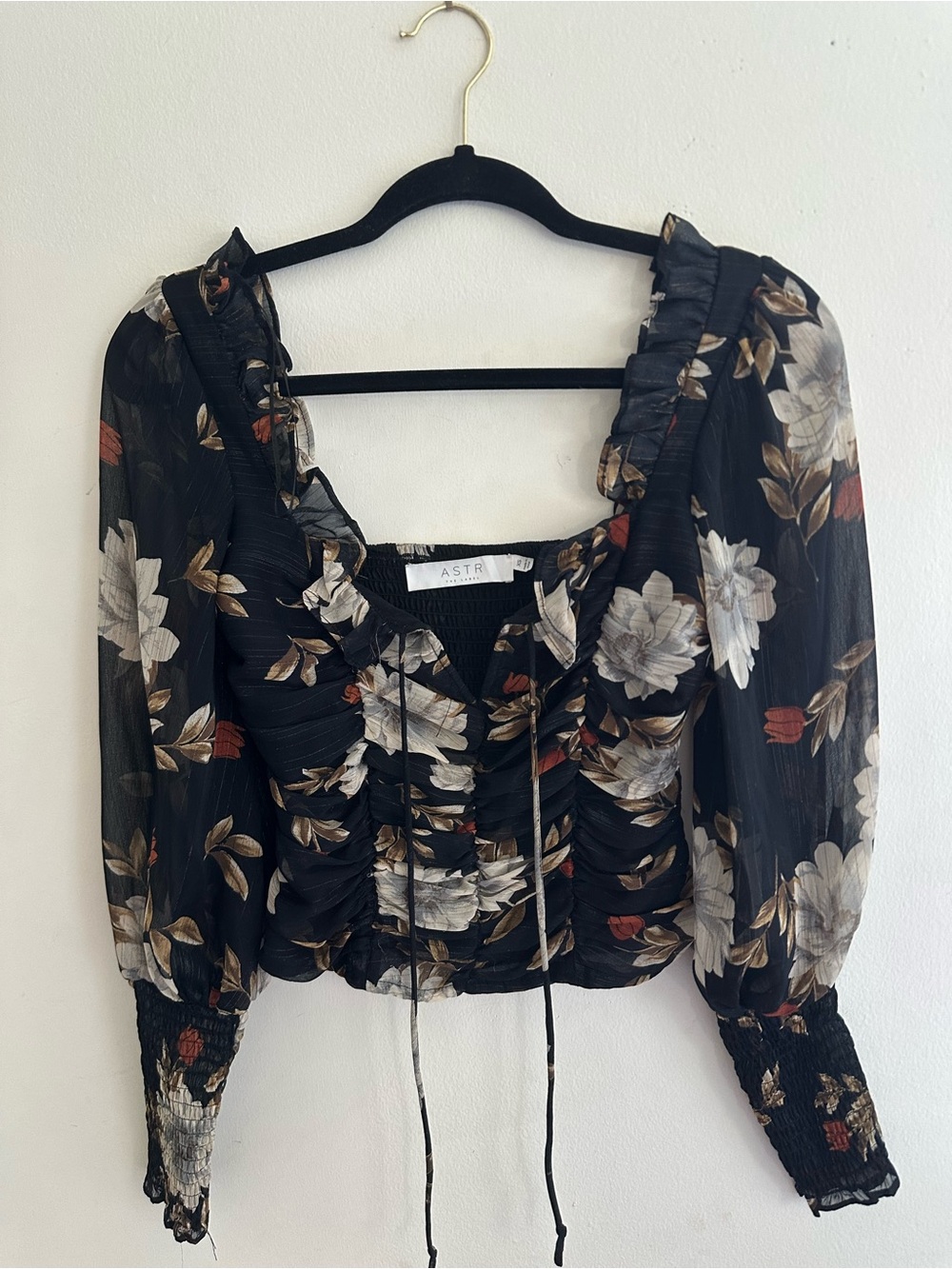 ASTR Black Floral Ruffle Ruched Crop Blouse with Sheer Sleeves
